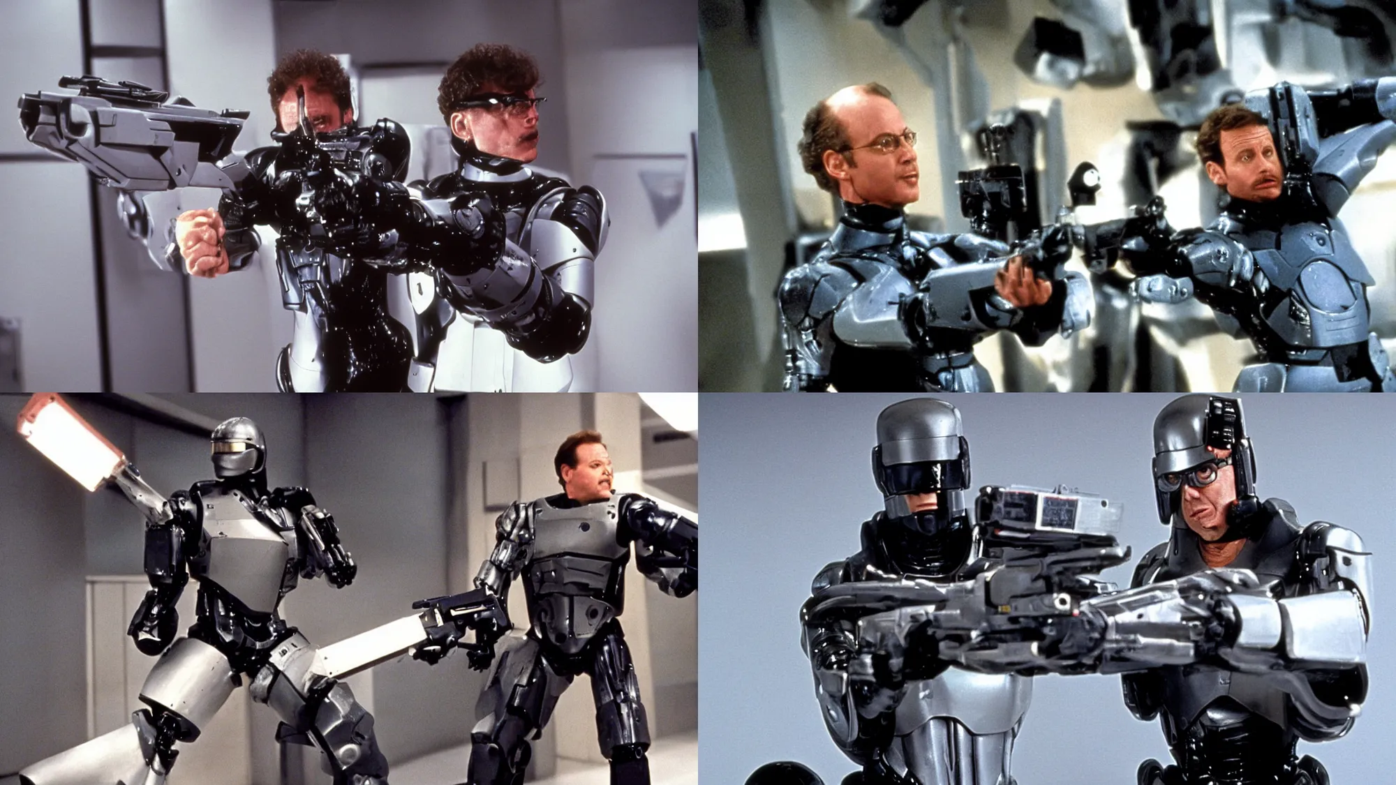 Prompt: “Stu Chermack from Seinfeld aims a pistol at ED-209 from Robocop, television stills, television series. 4k image.”