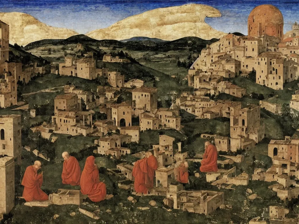 Image similar to renaissance town in flames. Monk on top of a rock, meditating. Melancholy, storm. Painting by Piero della Francesca, Fra Fillip Lippi