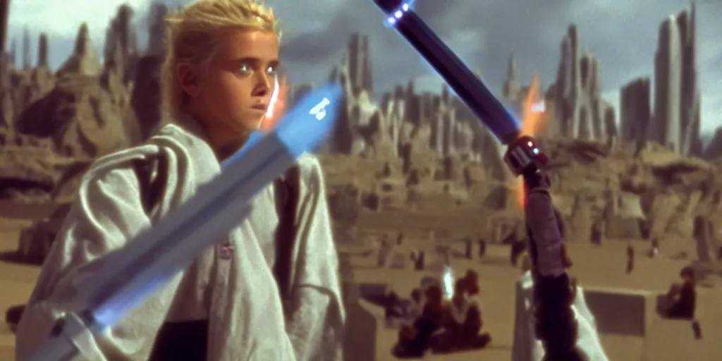 Image similar to A full color still of a teenage blonde Jedi padawan holding a lightsaber hilt, looking scared, sci-fi city in the background, windy, from The Phantom Menace, directed by Steven Spielberg, 35mm!!! 1990