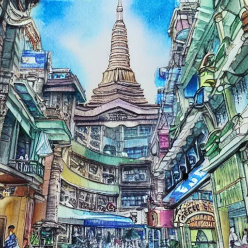 Image similar to terminal 2 1 in bangkok. steampunk and magical colors. watercolor.