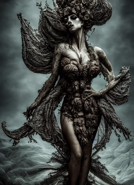 Image similar to expressive full body photo of demoness, dress made of cabbages, glamour shot, by karol bak, stefan gesell, photorealistic, nikon d 4 x, fashion photography, hyper maximalist, elegant, ornate, luxury, elite, environmental portrait, symmetrical features, octane render, unreal engine, solid dark grey background, dramatic lights