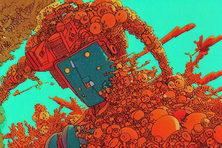 Prompt: risograph grainy drawing vintage sci - fi, satoshi kon color palette, gigantic gundam full - body covered in dead coral reef, 1 9 8 0, kodachrome, natural colors, codex seraphinianus painting by moebius and satoshi kon and dirk dzimirsky close - up portrait