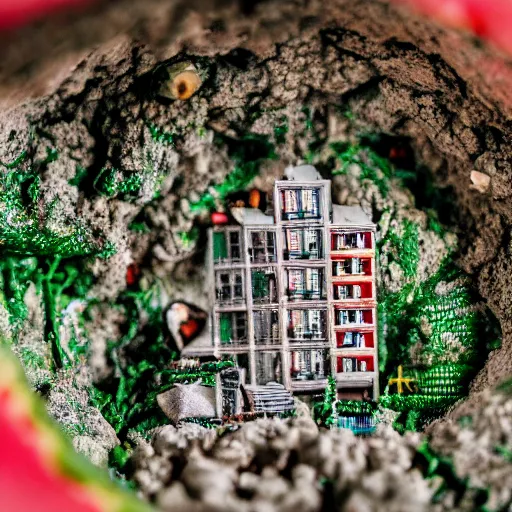 Image similar to macro photo of a miniature secret hidden world with tiny buildings and people inside of a hollowed out watermelon