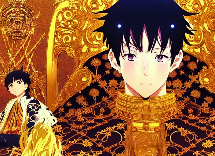 Image similar to key anime visual portrait of a king's throne, king, servants, dynamic pose, cinematic, film grain, designed by yoh yoshinari and kuvshinov, detailed, intricate, at night, dramatic lighting, interior by gustav klimt