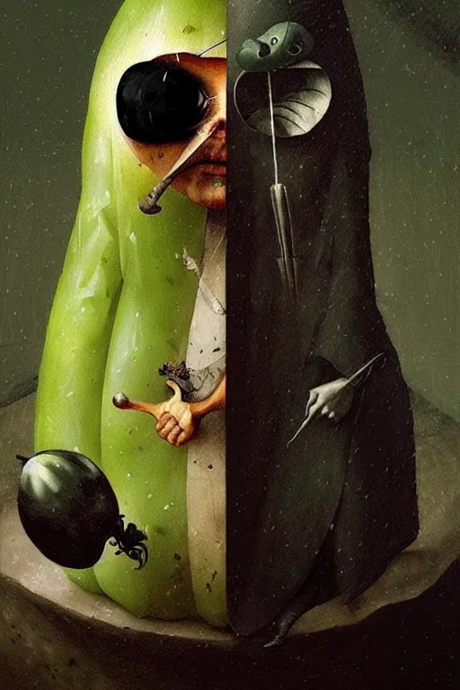 Prompt: hieronymus bosch, greg rutkowski, anna podedworna, painting of a pickle in a suit and eye with an eyepatch