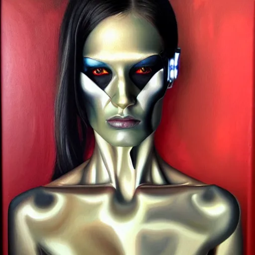 Image similar to cyborg fashion model, hyperrealism oil painting, matte