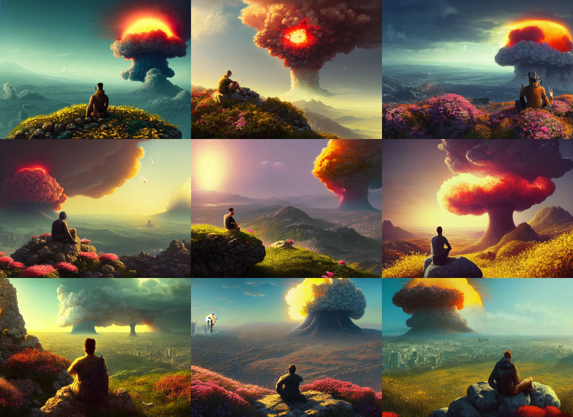 Prompt: a man sitting on top of a rock covered hillside with flowers watching a nuclear explosion in a distant city, a detailed matte painting by filip hodas, cgsociety, fantasy art, artstation hq, vfxfriday, dystopian art