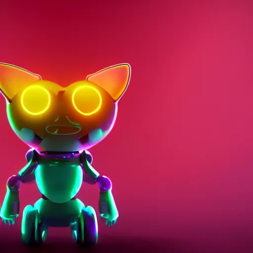 Prompt: Kitty Bot, 3D character, very colourful, cinematic lighting, soft neon, octane render, trending on Artstation