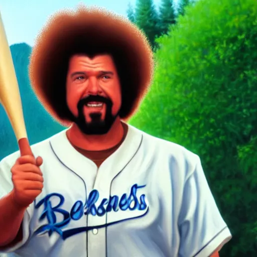 Image similar to a closeup photorealistic photograph of bob ross themed kenny powers playing baseball, a painting on a canvas. mountains and trees. film still. brightly lit scene. this 4 k hd image is trending on artstation, featured on behance, well - rendered, extra crisp, features intricate detail, epic composition and the style of unreal engine.