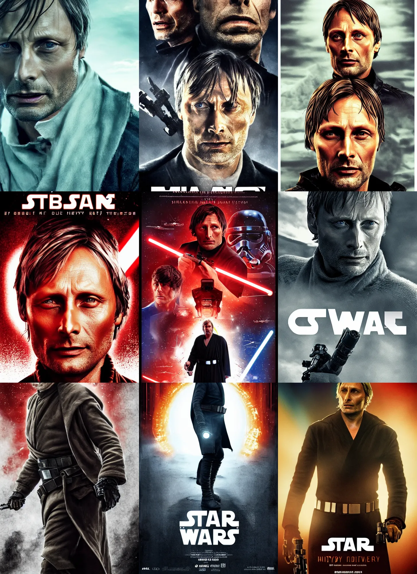 Prompt: movie poster of Mads Mikkelsen in star wars, highly detailed, realistic lighting, HD, 4K