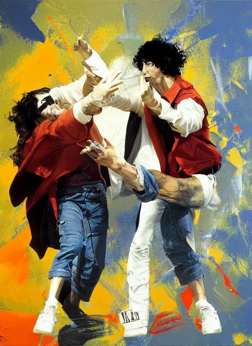 Image similar to bill and ted, painting by phil hale, fransico goya,'action lines '!!!, graphic style, visible brushstrokes, motion blur, blurry, visible paint texture, crisp hd image