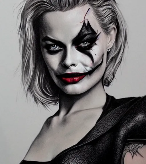 Image similar to tattoo design sketch of beautiful margot robbie portrait with joker makeup, in the style of den yakovlev, realistic face, black and white, realism tattoo, hyper realistic, highly detailed