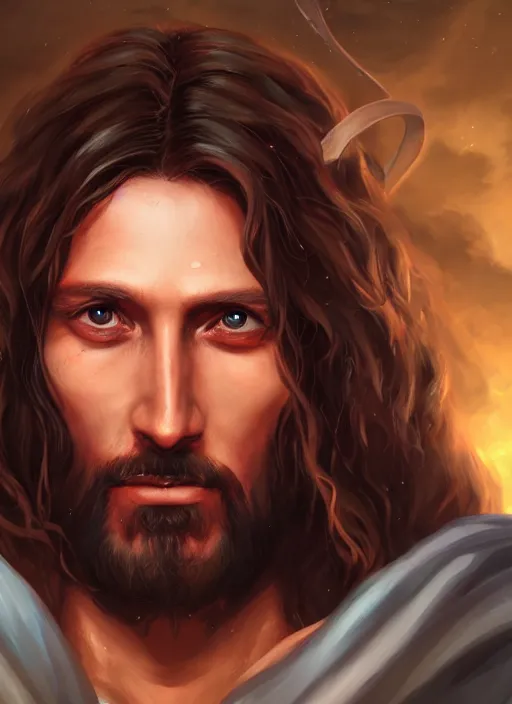 Image similar to A fantasy comic book style portrait painting of Jesus Christ as a Mage, unreal 5, DAZ, hyperrealistic, octane render, RPG portrait, dynamic lighting