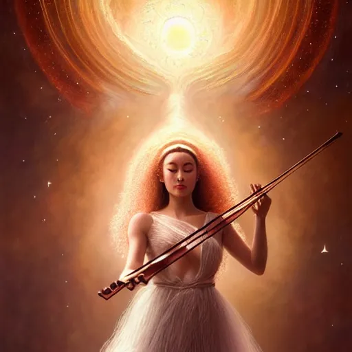 Prompt: a high quality life like portrait of a very very beautiful! celestial goddess of life playing a mysterious violin and springing life into the universe, highly detailed, intricate, sharp focus, fantasy, cinematic lighting, dreamlike, exotic, mystery, realistic, trending on artstation, fantasy, by WLOP and greg rutkowski