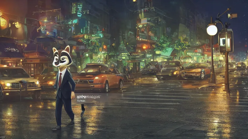 Image similar to A cute anthropomorphic raccoon businessman is walking down a busy crosswalk at in the rain at night, warm lighting with an orange glow blanketing the cityscape from the city lights, zootopia, other anthropomorphic characters are walking by him, extremely detailed, HDR, sideview, solemn and moody, many cars and animal people in the background, detailed face and eyes, large eyes with visible pupils, the road is wet with many rain puddles, reflections from the water on the ground, he is carrying a black briefcase