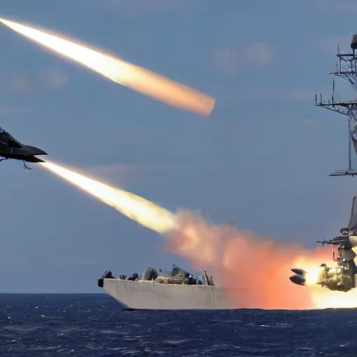 Prompt: A highly detailed wide angle photograph of a fighter jet firing missiles at a warship