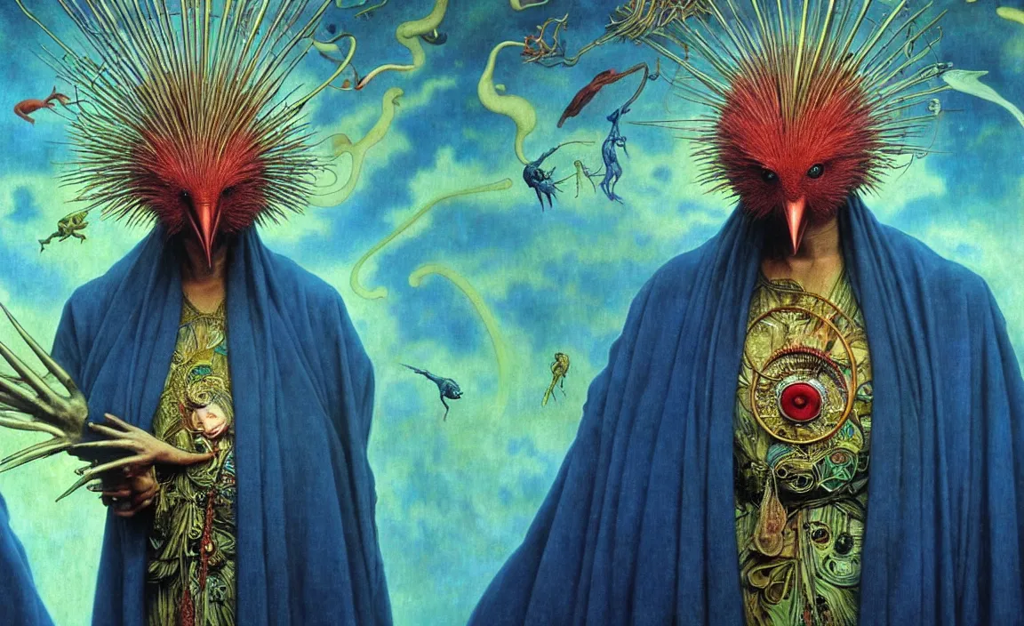 Prompt: realistic detailed portrait movie shot of a birdman wearing a dark robes, sci fi city landscape background by denis villeneuve, amano, yves tanguy, alphonse mucha, ernst haeckel, max ernst, roger dean, masterpiece, rich moody colours, dog teeth, blue eyes