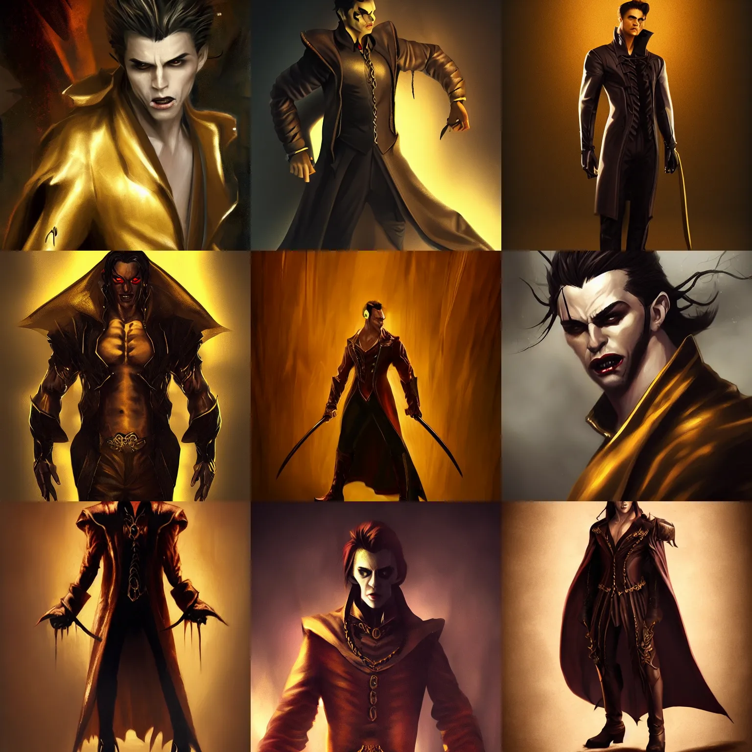 Prompt: male vampire in dark golden noble clothes in a powerful pose, realistic painting, artstation, cinematic, dramatic lighting