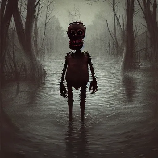 Prompt: creepy ruined abandoned fnaf character, fnaf animatronic rising from the lagoon at night, creepypasta, greg rutkowski, creepy dark beksinski painting, vhs footage, distorted, scary, creepy, haunted photo, really dark, slender, creature of the dark worlds, unsettling image, scp 0 9 6