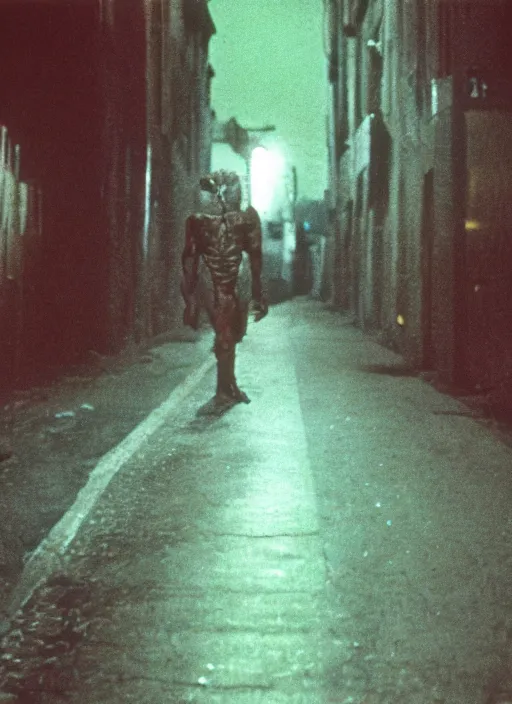 Prompt: cinestill night portrait of a human monster walking on the street horror practical fx by david cronenberg and terence fisher