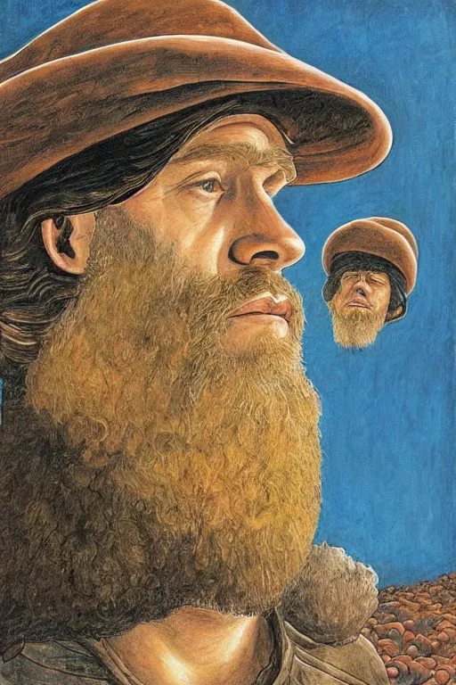 Image similar to an artistic jean giraud portrait of paul stamets admiring the mushroom, renaissance themed