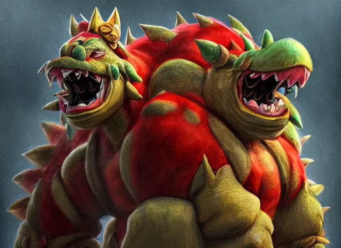 Image similar to detailed concept art of a huge giant bowser by cheng yi and luolin, aartstation, artstationhd, detailed scales, spiky and red hair tuft green scales. bowser, bowser nintendo, koopa, ~ bowser # bowser ( ( mario ) ) bcy. net, realistic. cheng yi, fire breathing. bowser