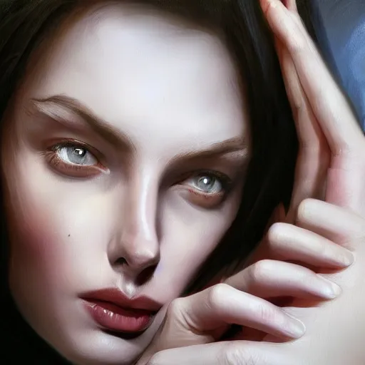 Image similar to hands by annie ralli art, artgem, fullshot, color painting, hyperrealistic, concept art, oil painting, masterpiece, concept art, trending on deviantart, realistic and detailed face, highly detailed, high quality, 8 k, soft lighting, fancy colors, fantasy, cinematic, high coherence