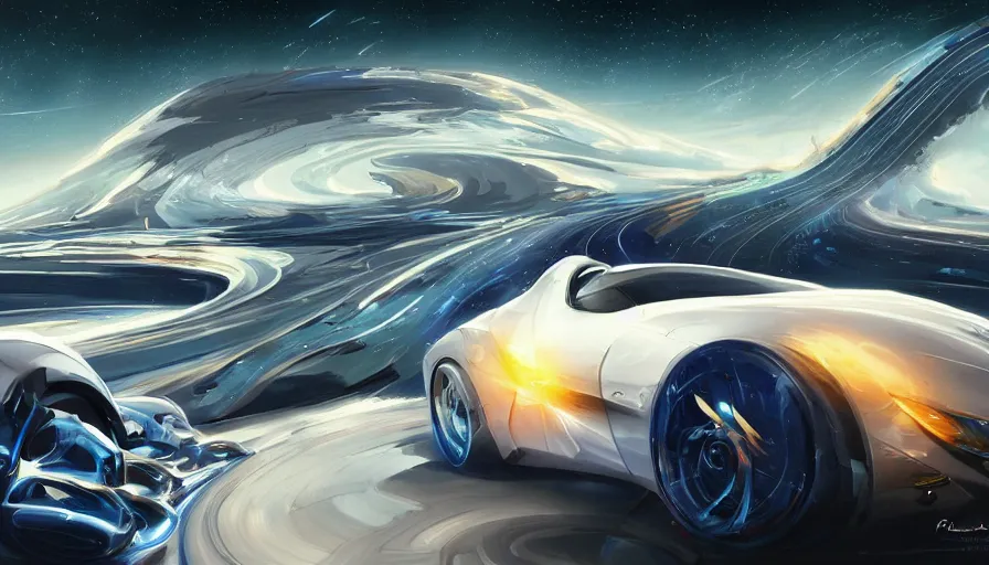 Prompt: whitr and royal blue luxurious concept sportscar driving down on a luxurious road on interstellar solar system with nearby planets seen from the distance, advanced highway, star trek style, by peter mohrbacher, jeremy mann, francoise nielly, android james, ross tran, beautiful, award winning scenery, 4 k, clean details, serene, sakura season