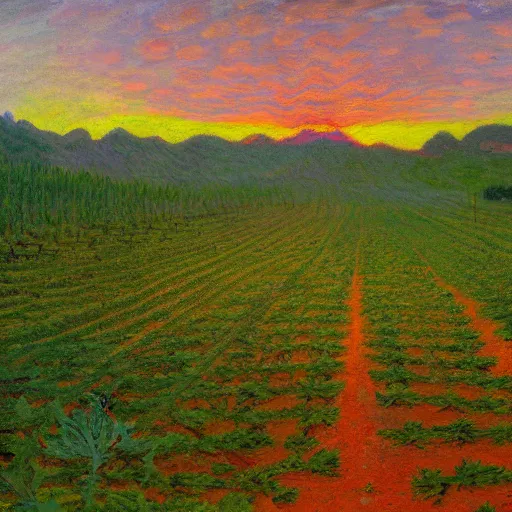 Prompt: enormous cannabis plantation in a valley, sunset in background, surreal, by simon stalenhag and claude monet, oil on canvas