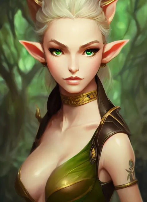 Prompt: portrait of beautiful elf spy, female, white skin, golden ponytail hair, green eyes, high fantasy, dnd, extremely detailed, smooth, sharp focus, digital illustration, by rossdraws, sakimichan, frank franzzeta