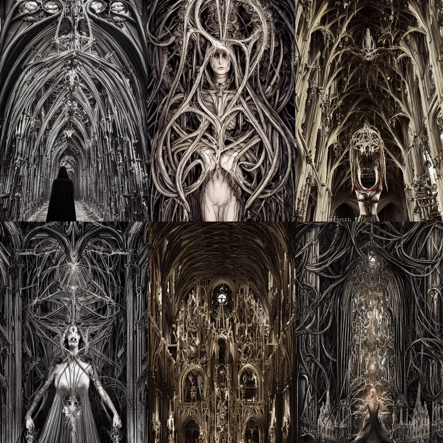 Prompt: the faceless priestess of pain and sorrow in a gothic cathedral filled with bio-mechanical tendrils, baroque, giger, surreal dramatic lighting, intricate details and ornaments, 8k, cinematic