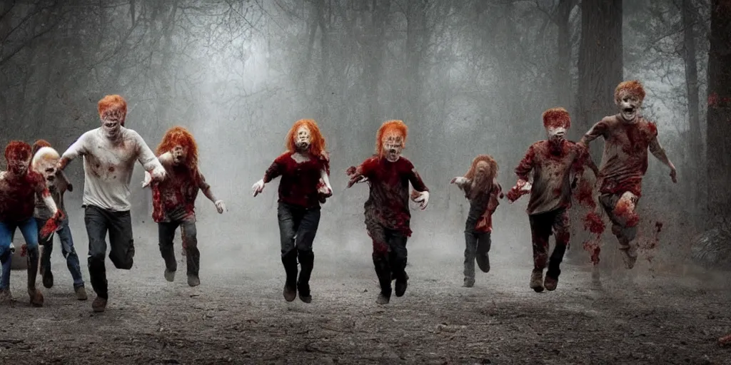 Prompt: many ginger haired pale skinned zombies chasing normal children horror movie cinematic dark foggy atmospheric blood dripping