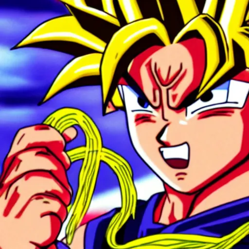 Prompt: high detail image of Goku eating ramen