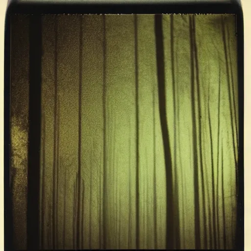 Image similar to concrete structure in a forest clearing at night, neon light, minimalistic architecture, dark, surreal, open space, james turrel, old polaroid, expired film,