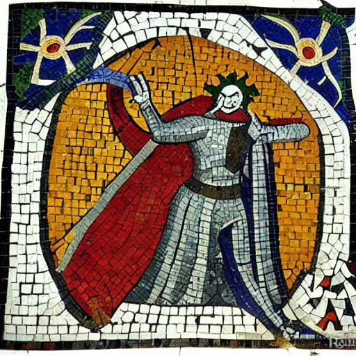 Image similar to medieval mosaic depicting the joker, medieval church art, mosaic of the joker standing in front of gotham, high quality