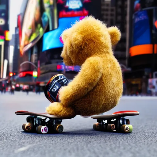 Prompt: teddy bear riding skateboard in times Square, photorealistic, 4k, high definition