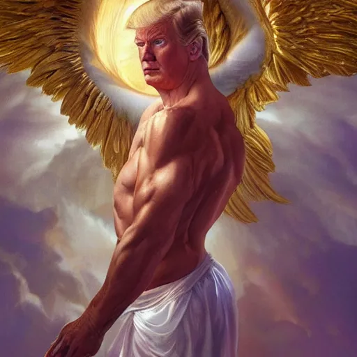 Image similar to donald trump as a heavenly god, upper body, muscular, fantasy, intricate, elegant, highly detailed, digital painting, artstation, concept art, smooth, sharp focus, illustration, art by artgerm and greg rutkowski and alphonse mucha