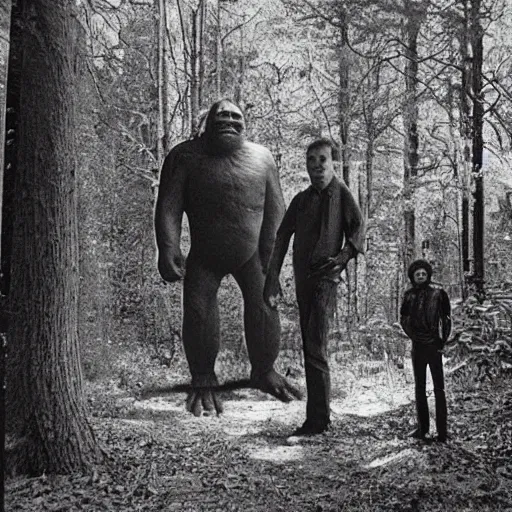 Image similar to : stereopticon photo of aliens and big foot in the woods