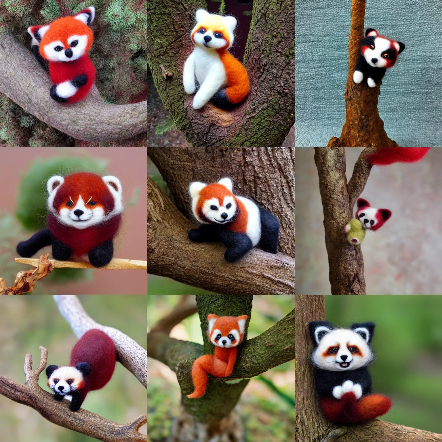 Prompt: needle felted red panda on a tree branch, highly detailed, tilt shift, cute, hyperrealism, highly textured, god rays