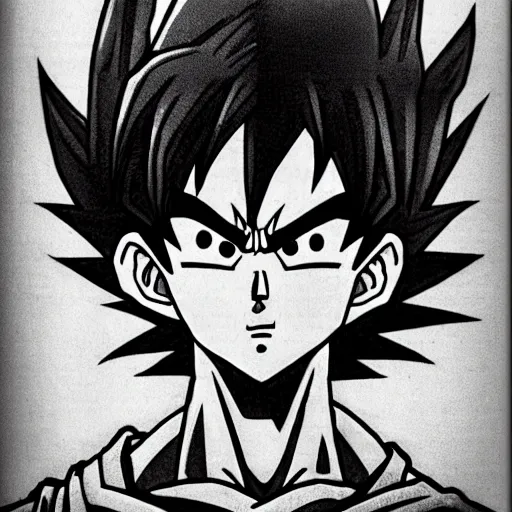 Prompt: Goku by Kentaro Miura, black and white paper sketch, dark fantasy,