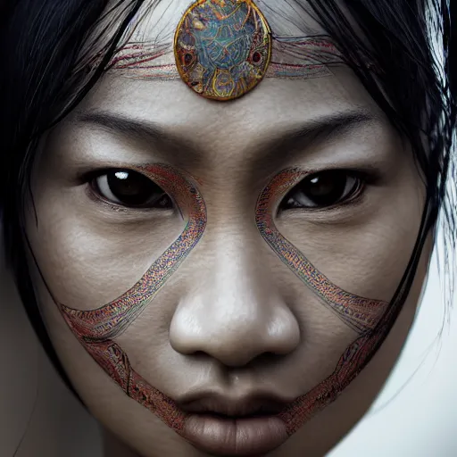 Image similar to portrait of a stunningly beautiful asian tribal female with lens flars and depth of field, zeiss lens, detailed, symmetrical, centered, fashion photoshoot, by Annie Leibovitz and Steve McCurry, David Lazar, Jimmy Nelsson, Breathtaking, 8k resolution, extremely detailed, beautiful, establishing shot, artistic, hyperrealistic, beautiful face, octane render