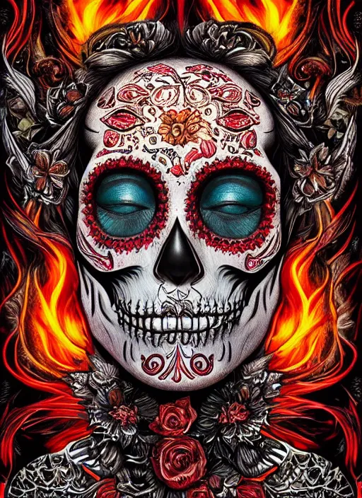 Image similar to portrait of a sugar skull, flaming eyes, intricate, highly detailed, smooth, digital illustration, the dark and quirky art of scott radke