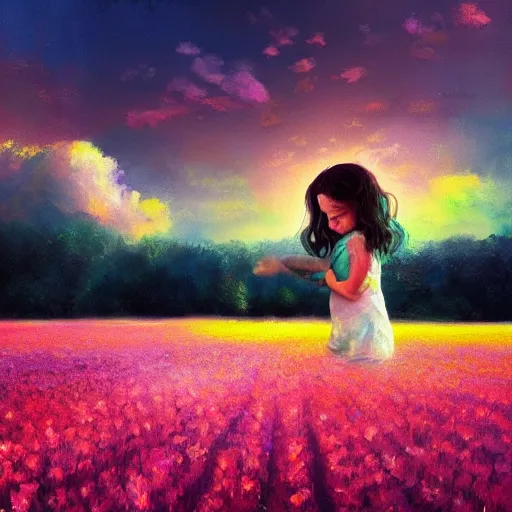 Image similar to rose face, girl floating in a flower field, surreal photography, sunrise dramatic light, impressionist painting, colorful clouds, digital painting, artstation, simon stalenhag