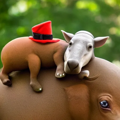 Prompt: A photograph of a leprechaun riding on top of a tapir. Award winning photography.