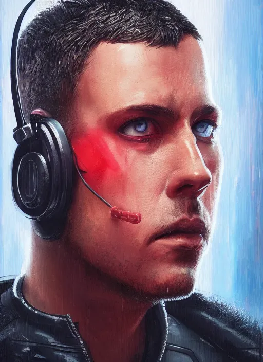 Image similar to cyberpunk character wearing jumpsuit and red jacket and cyberpunk headset. ( blade runner 2 0 4 9, dystopian, cyberpunk 2 0 7 7 character design ). attractive face. portrait by james gurney and laurie greasley, oil on canvas. cinematic, hyper realism, realistic proportions, anatomy, dramatic lighting, high detail 4 k