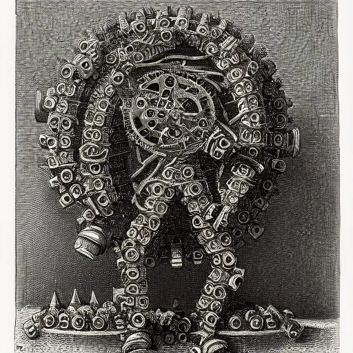 Image similar to A detailed engraving of a golem made of cogs and gears in the style of gustave dore