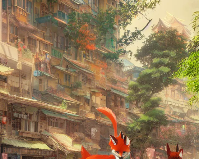 Prompt: street-level view of a beautiful, colorful kitsune city, bamboo, flowers, anime, fox people, a fantasy digital painting by Greg Rutkowski and James Gurney, trending on Artstation, highly detailed