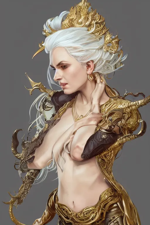 Image similar to fullbody!! beautiful woman with white hair, big natural horns on her head, gold jewellery, dnd, face, fantasy, intricate, elegant, highly detailed, digital painting, artstation, concept art, smooth, sharp focus, illustration, art by artgerm and greg rutkowski and alphonse mucha