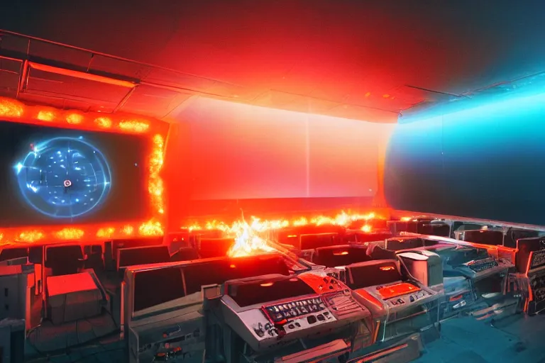 Image similar to Film still of the bridge of a space ship, large viewscreens, control panels, orange and cyan lighting, burning fire, electric sparks, smoke, Cinestill colour cinematography, anamorphic