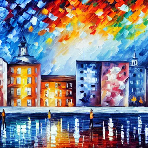 Prompt: painting of a cityscape with blue and white buildings by leonid afremov